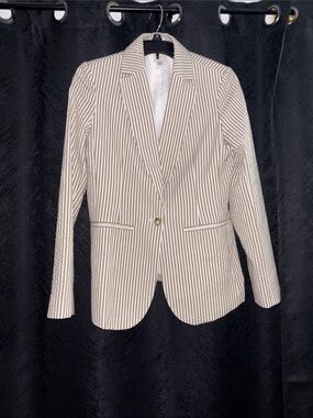 4 for $25 Striped Tan with Light Olive Stripe & White Women Single-Button Blazer